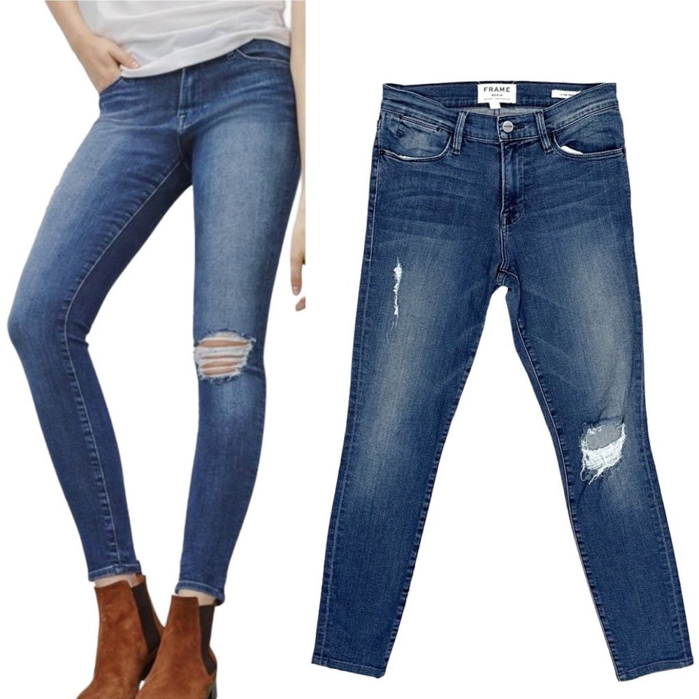 Frame Le High Rise Distressed Skinny Jeans in Endell Dark Wash Denim Size 26